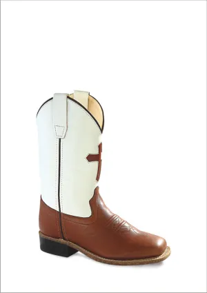 'Old West' Child's Corona Cross Square Toe - Pecan / White