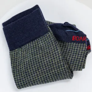 Olive and Navy Houndstooth Merino Wool Mid-Calf Dress Socks