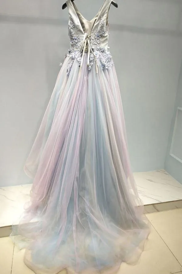 Ombre Beautiful Prom Dress A-line V Neck Tulle Evening Dress  PSK096