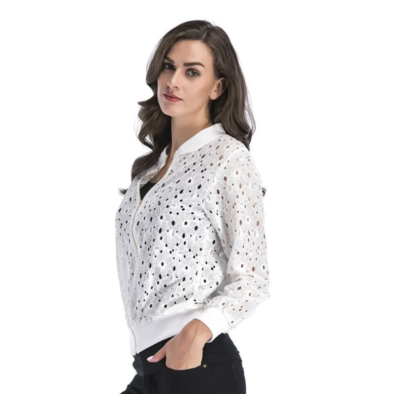 PEOPLETERRITORY New autumn new lace hook-up hollow blouse zipper cardigan, long-sleeved jacket women