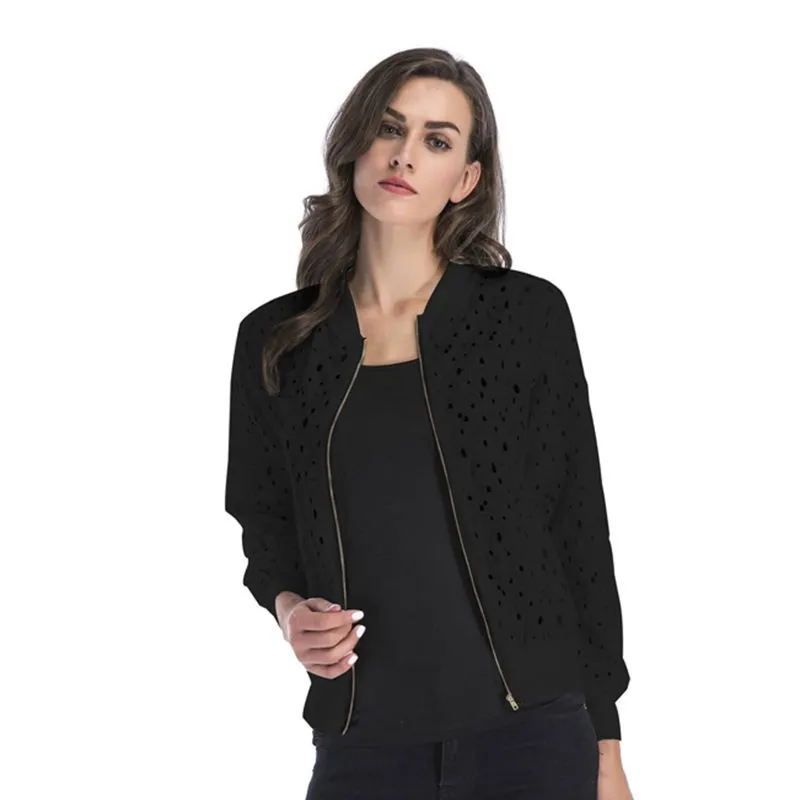 PEOPLETERRITORY New autumn new lace hook-up hollow blouse zipper cardigan, long-sleeved jacket women