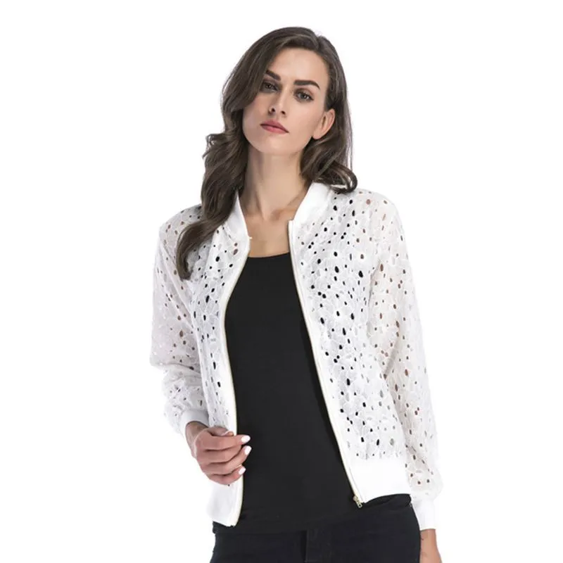 PEOPLETERRITORY New autumn new lace hook-up hollow blouse zipper cardigan, long-sleeved jacket women