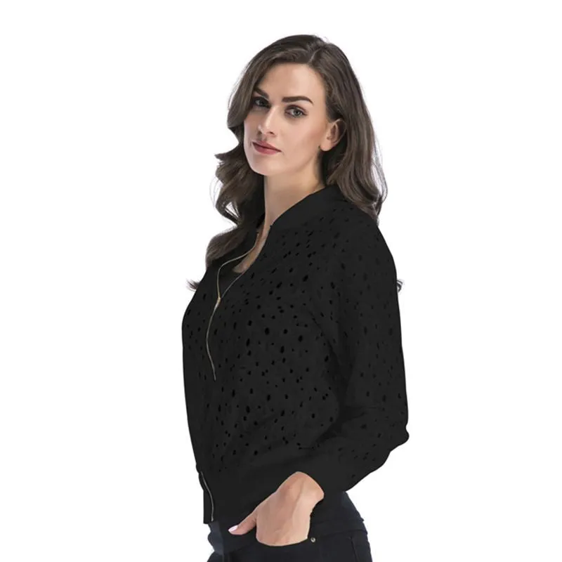 PEOPLETERRITORY New autumn new lace hook-up hollow blouse zipper cardigan, long-sleeved jacket women