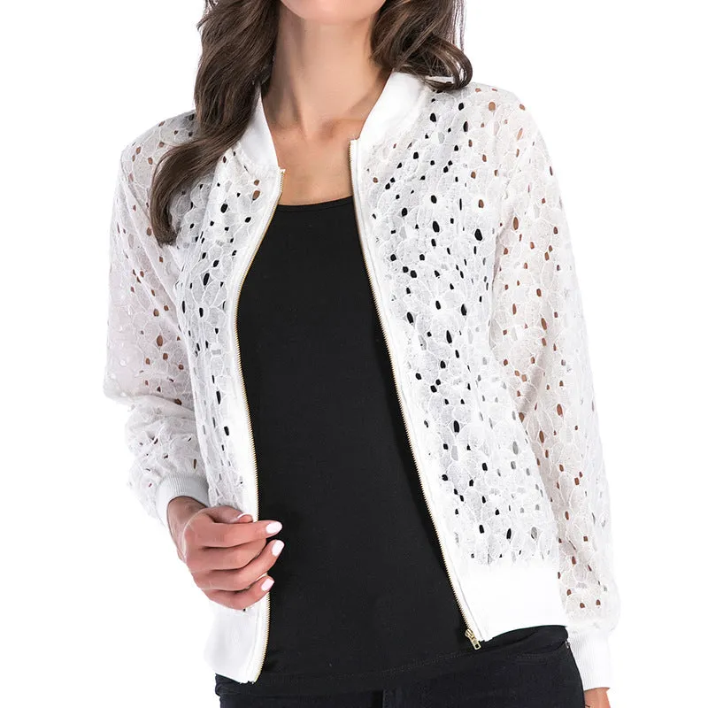 PEOPLETERRITORY New autumn new lace hook-up hollow blouse zipper cardigan, long-sleeved jacket women