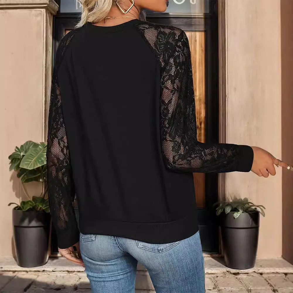 PEOPLETERRITORY New Hot Trade New New  Autumn Women's Clothing  Lace Splicing Long Sleeve Black Sweater