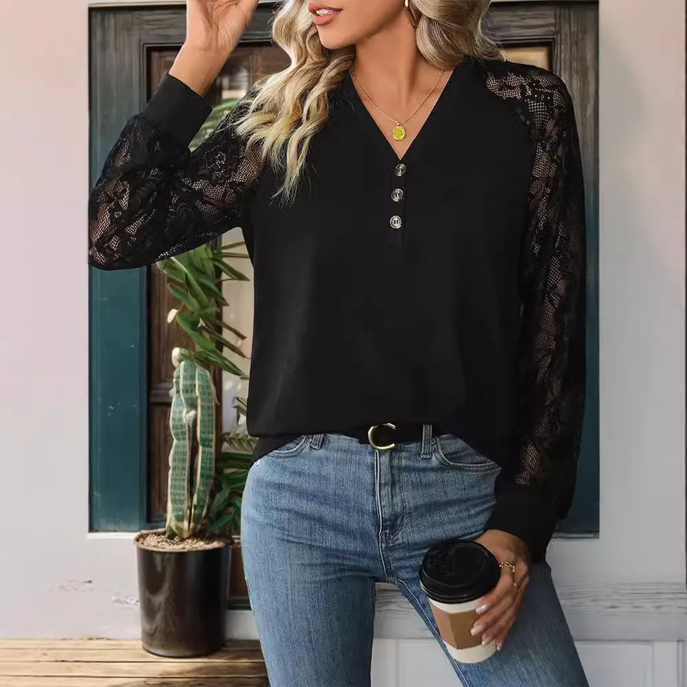 PEOPLETERRITORY New Hot Trade New New  Autumn Women's Clothing  Lace Splicing Long Sleeve Black Sweater