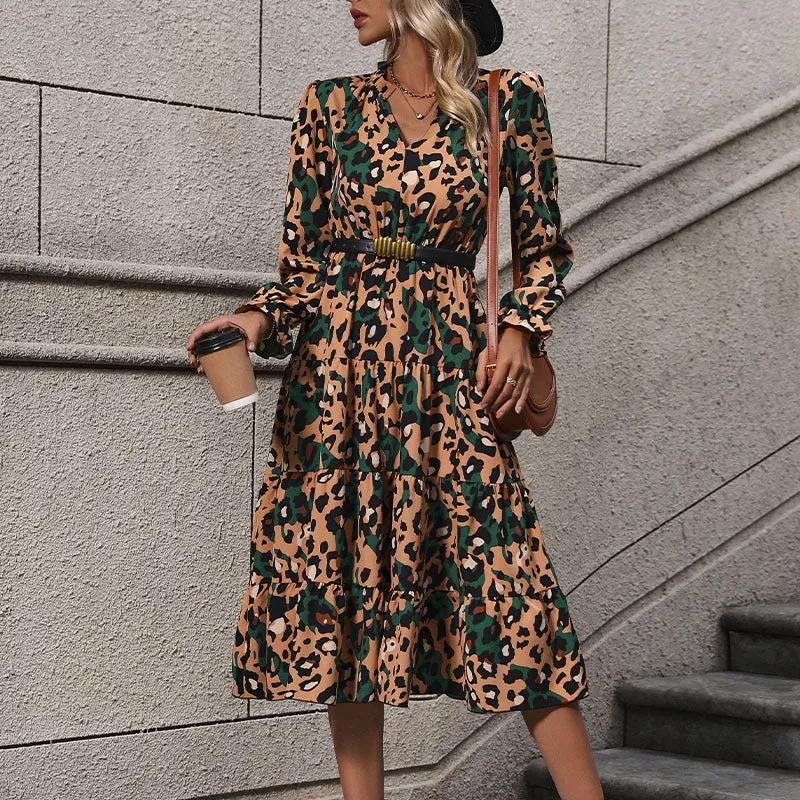 PEOPLETERRITORY New Hot Trade New New  Autumn Women's  Medium and Long Sleeve Leopard Print Dress