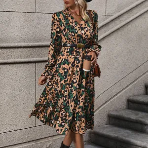 PEOPLETERRITORY New Hot Trade New New  Autumn Women's  Medium and Long Sleeve Leopard Print Dress