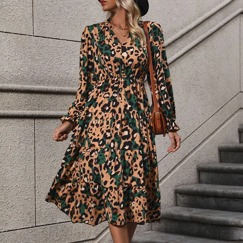 PEOPLETERRITORY New Hot Trade New New  Autumn Women's  Medium and Long Sleeve Leopard Print Dress