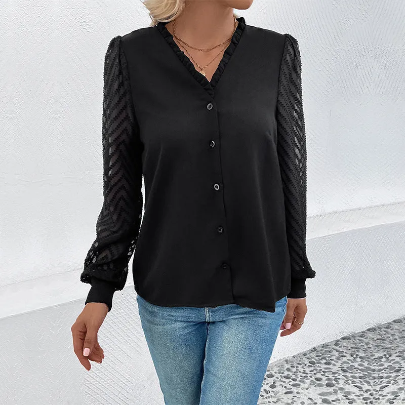 PEOPLETERRITORY New   Women's Shirt Lace Splicing Long Sleeve Explosive  V-Neck Button Top