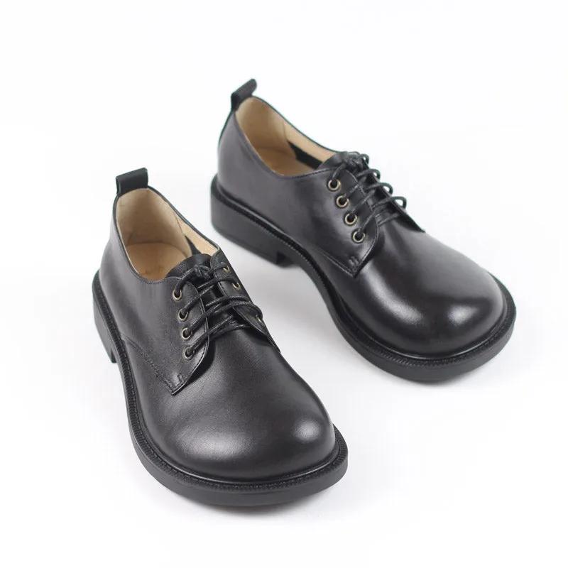 Retro Lace Up Leather Shoes Round Toe  Black/Coffee