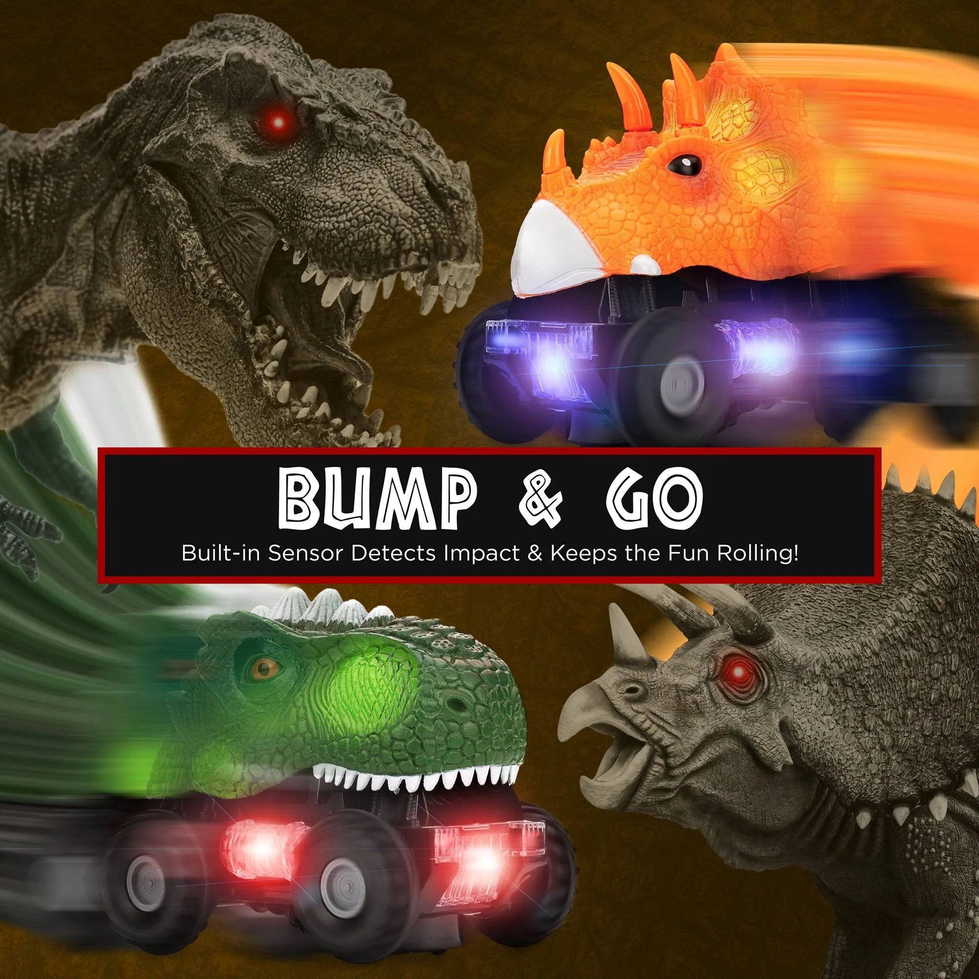 Set of 4 Kids T-Rex & Triceratops Dinosaur Bump & Go Toy Cars w/ LED Lights