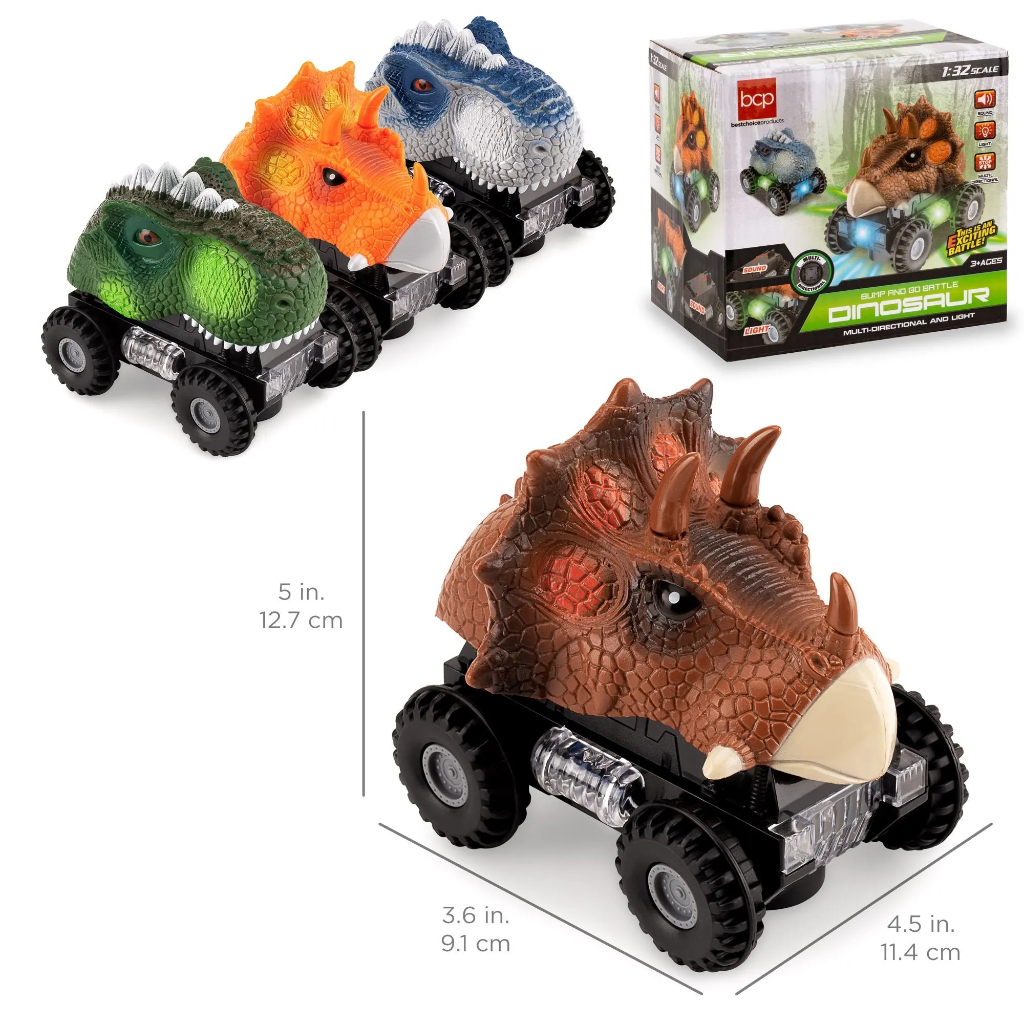 Set of 4 Kids T-Rex & Triceratops Dinosaur Bump & Go Toy Cars w/ LED Lights