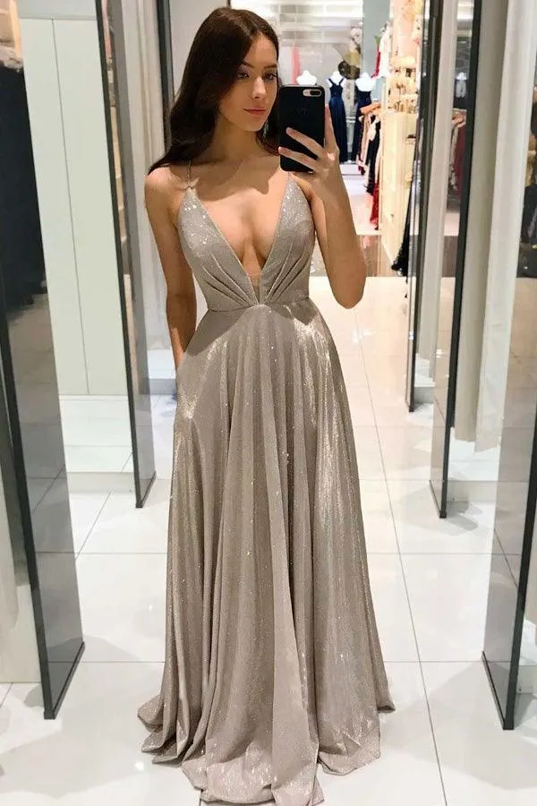 Sexy Deep V-neck Backless Prom Dresses Sparkly Long Prom Dresses PG990