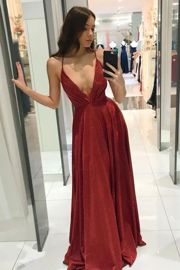 Sexy Deep V-neck Backless Prom Dresses Sparkly Long Prom Dresses PG990