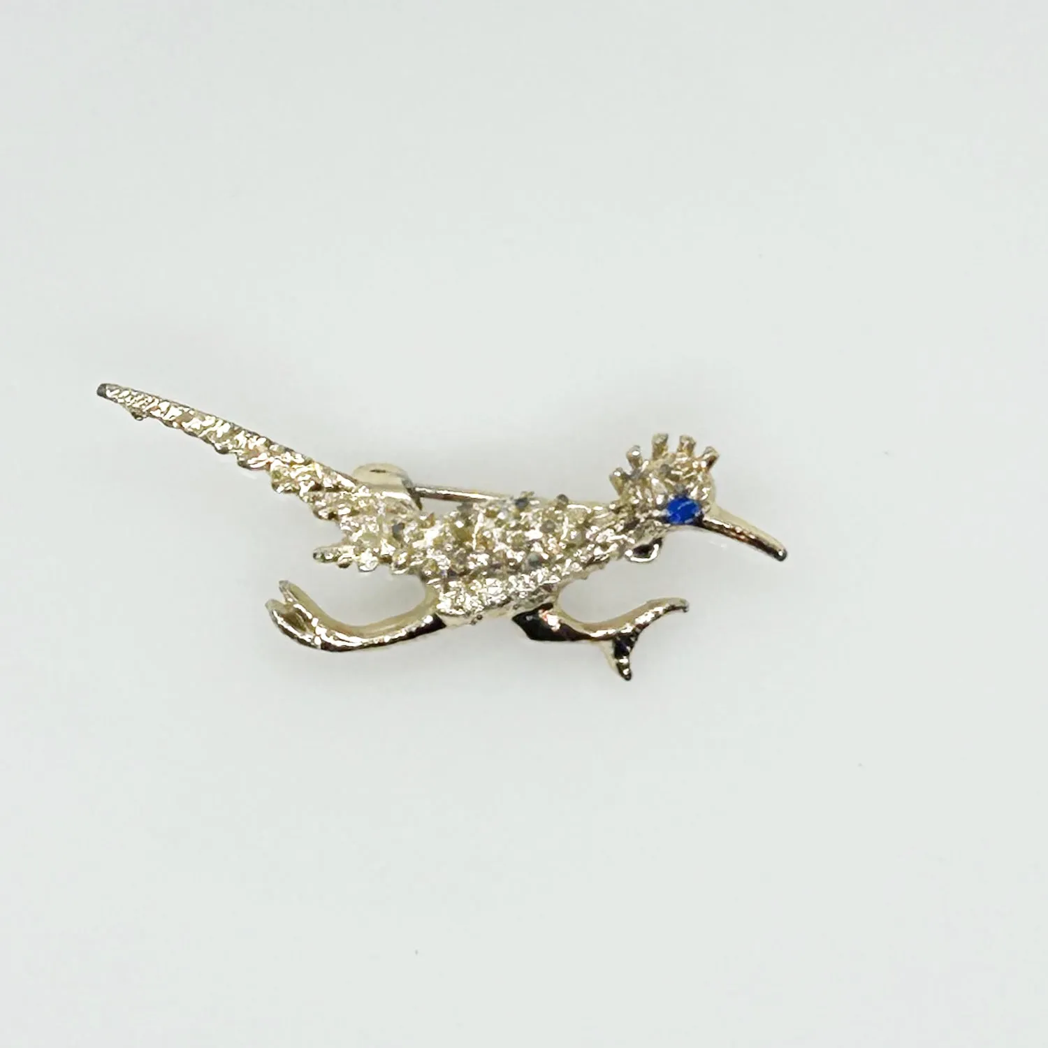 Textured Vintage Roadrunner Bird Brooch with Blue Eye