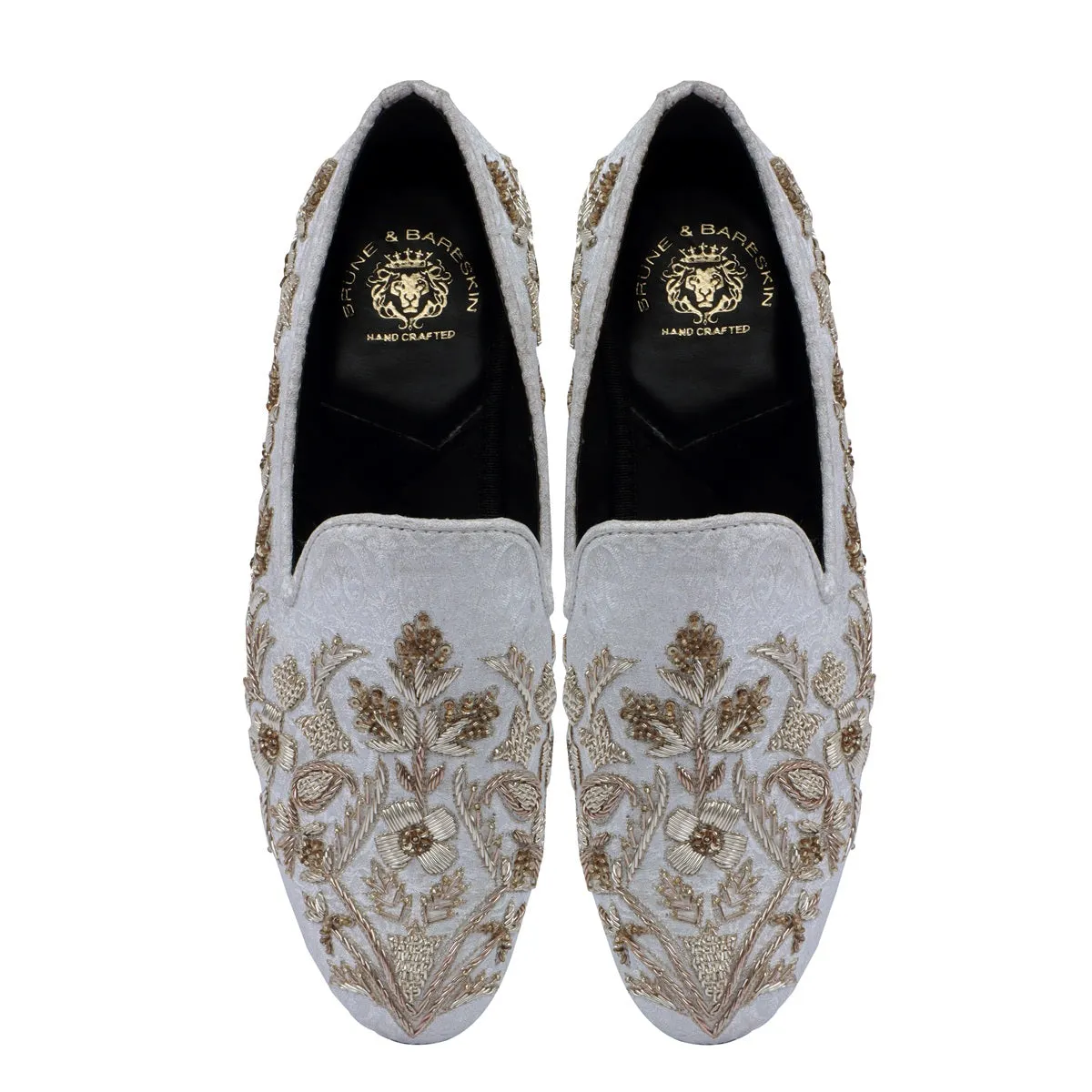 White Floral Zardosi Slip-On Shoes For Men