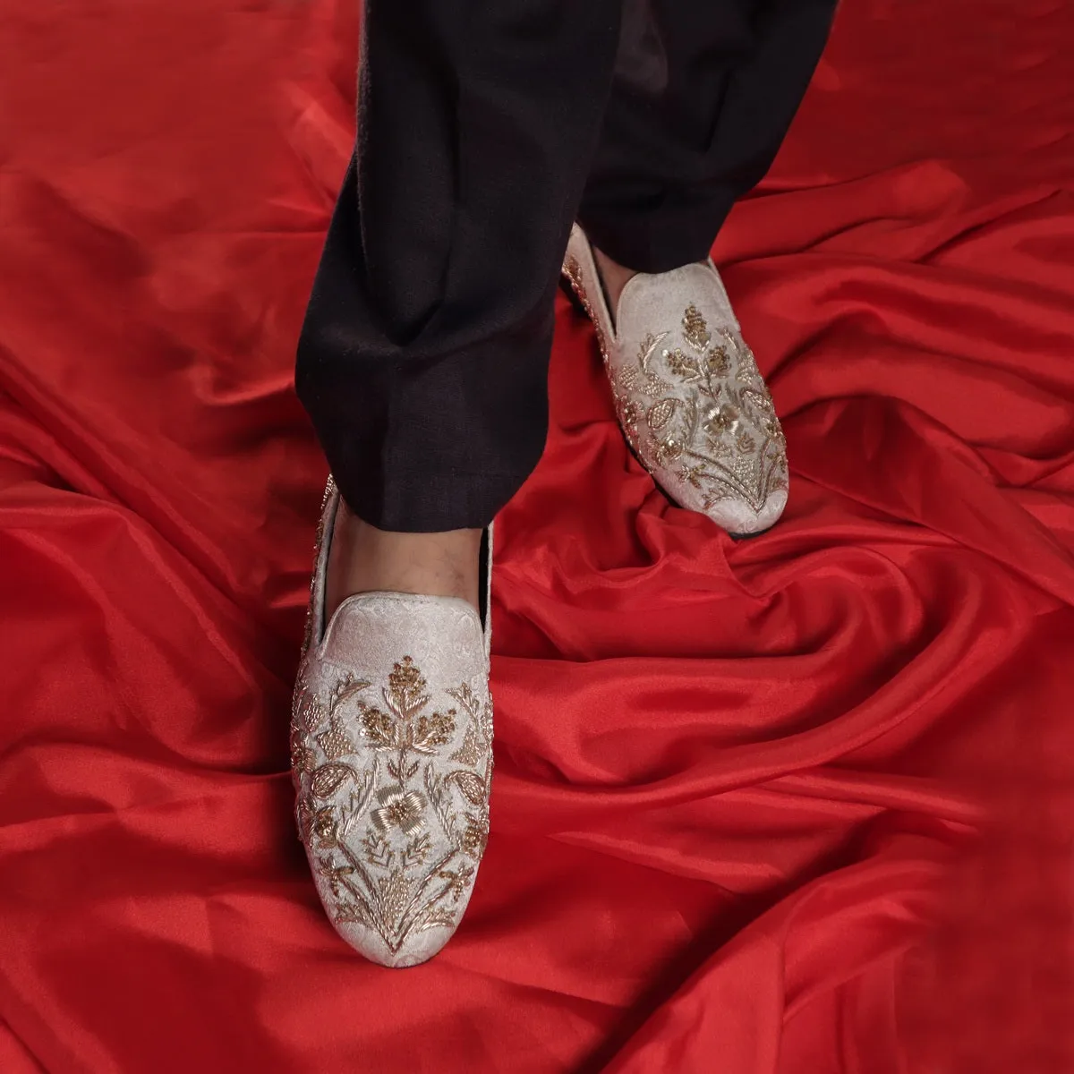 White Floral Zardosi Slip-On Shoes For Men