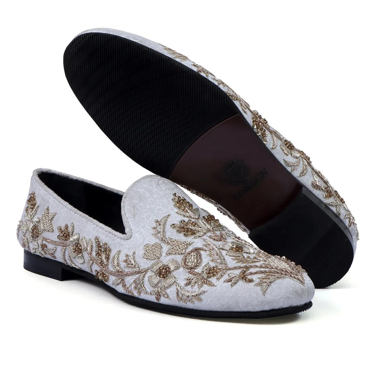 White Floral Zardosi Slip-On Shoes For Men