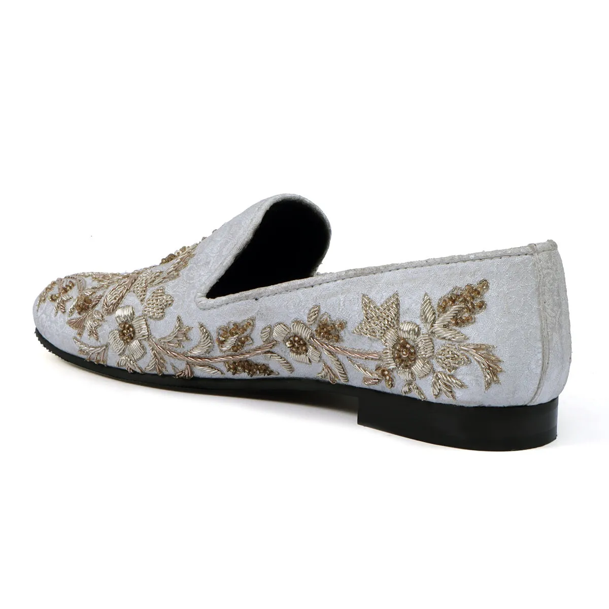 White Floral Zardosi Slip-On Shoes For Men