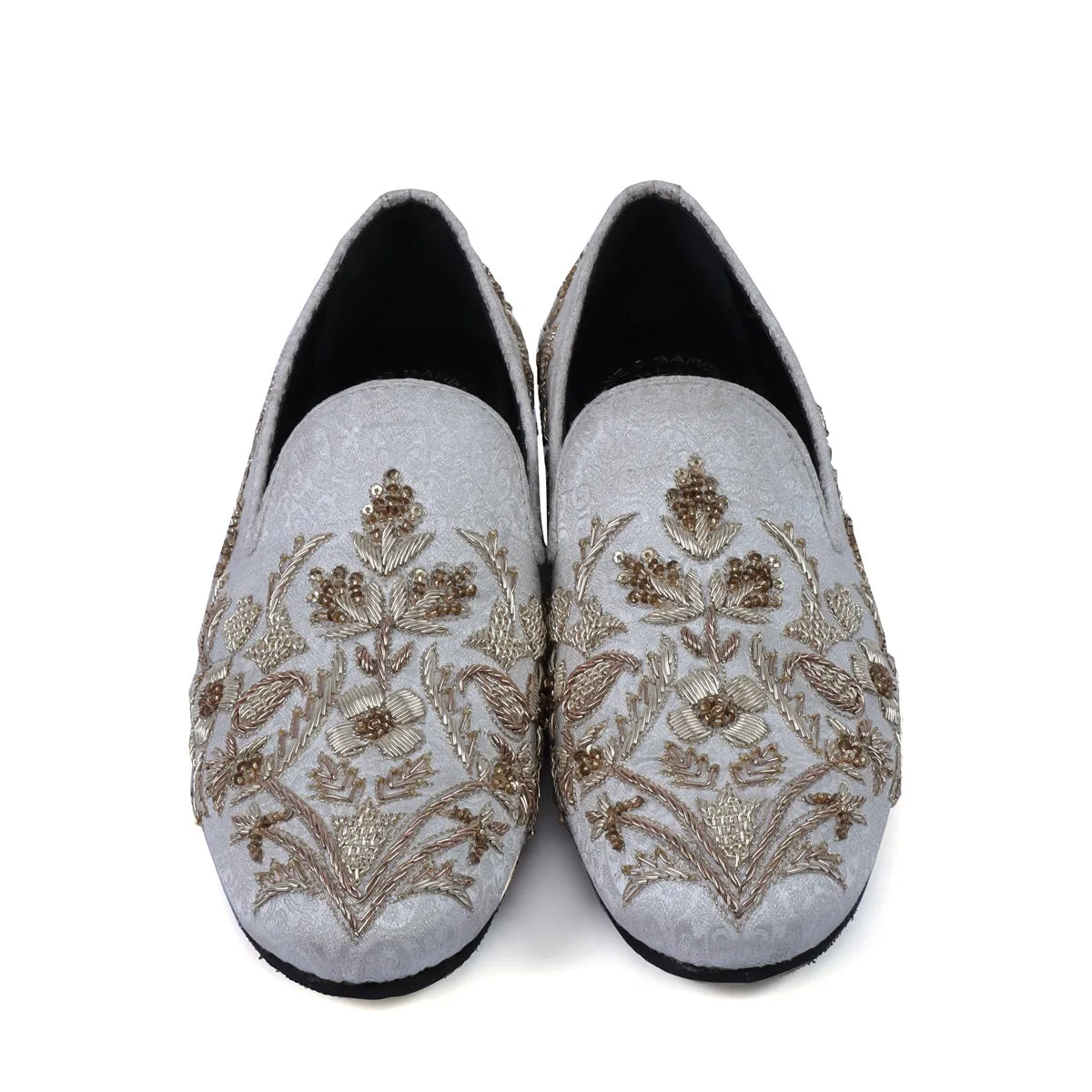 White Floral Zardosi Slip-On Shoes For Men