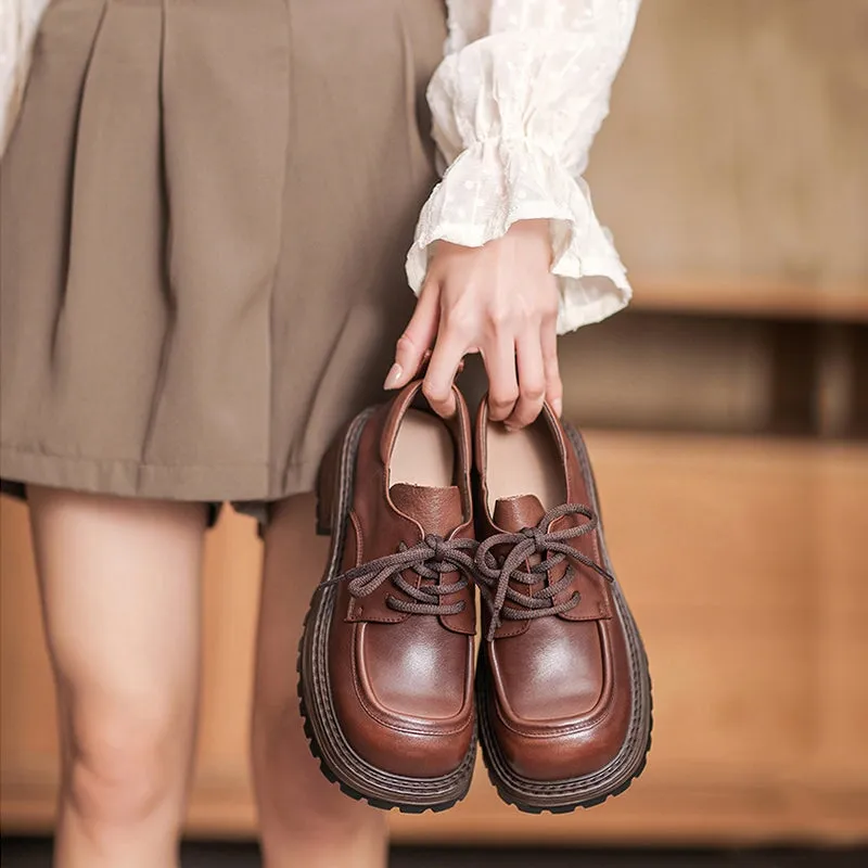 Women Leather Chunky Oxfords & Tie Shoes in Black/Coffee